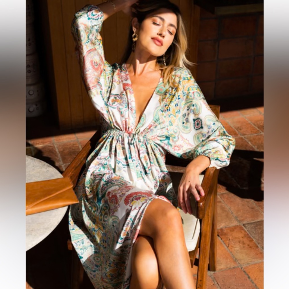 VICI Paisley Print Deep V Long Sleeve Silky Boho Maxi Dress Size XS - Picture 4 of 10